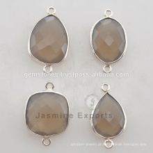 925 Sterling Silver Gray Calcedonia Gemstone Bezel Connectors